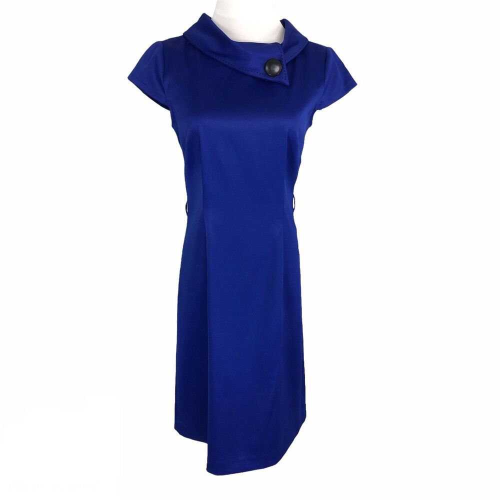 Satin Sheath Dress Knee Length Boat Neck Size 6 Sapphire Blue London Times